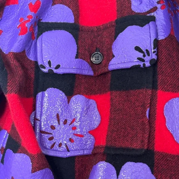 Moschino Couture ! Milano Red and Black Plaid Jacket W/Purple Floral Design XL - Picture 2 of 16